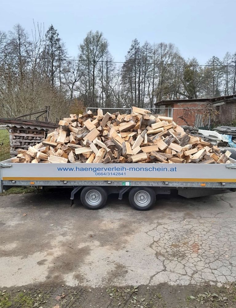 Mietanhänger von Monschein Anhänger, beladen mit Brennholz